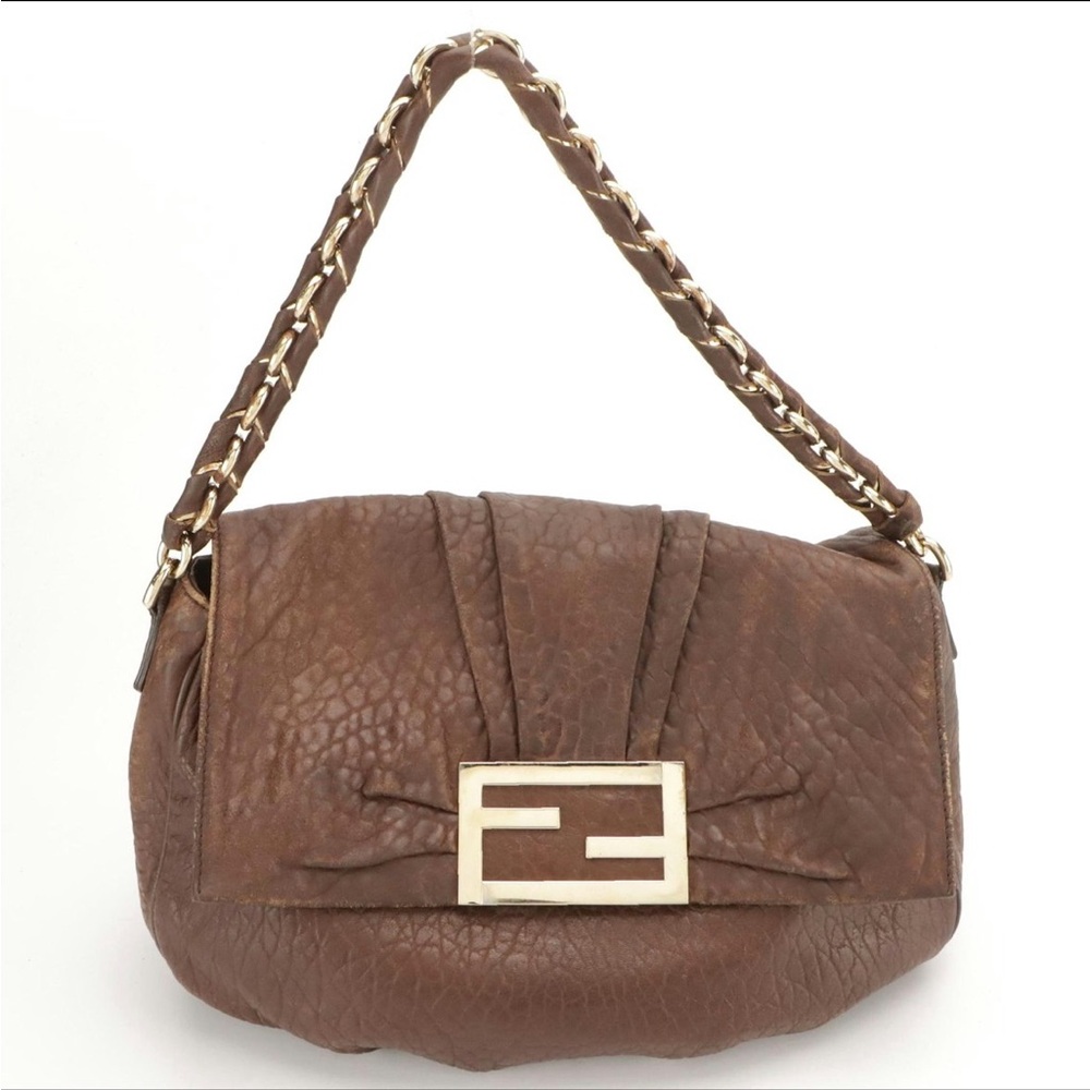 Fendi Pebbled Leather Brown Mia Flap Shoulder Bag